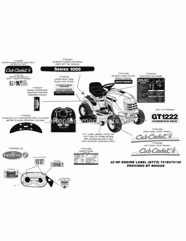 Label Map Diagram and Parts List for GT1222 14AB13CH710 Cub Cadet Lawn Tractor